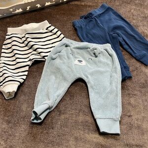 6 Month Set of 3 Baby Pants, Bottoms - Blue, Light Blue, and Striped